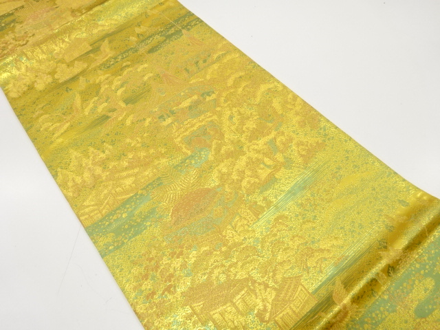 鉾車に屋敷風景模様織り出し　袋帯